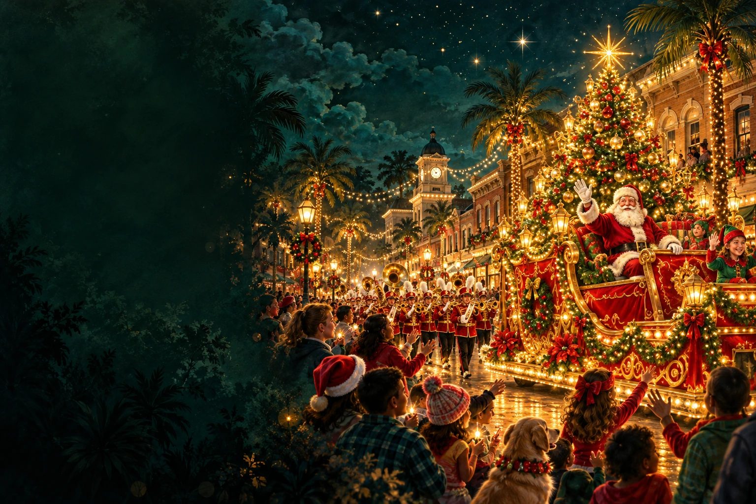Festive illustration of a Christmas parade with Santa and illuminated floats